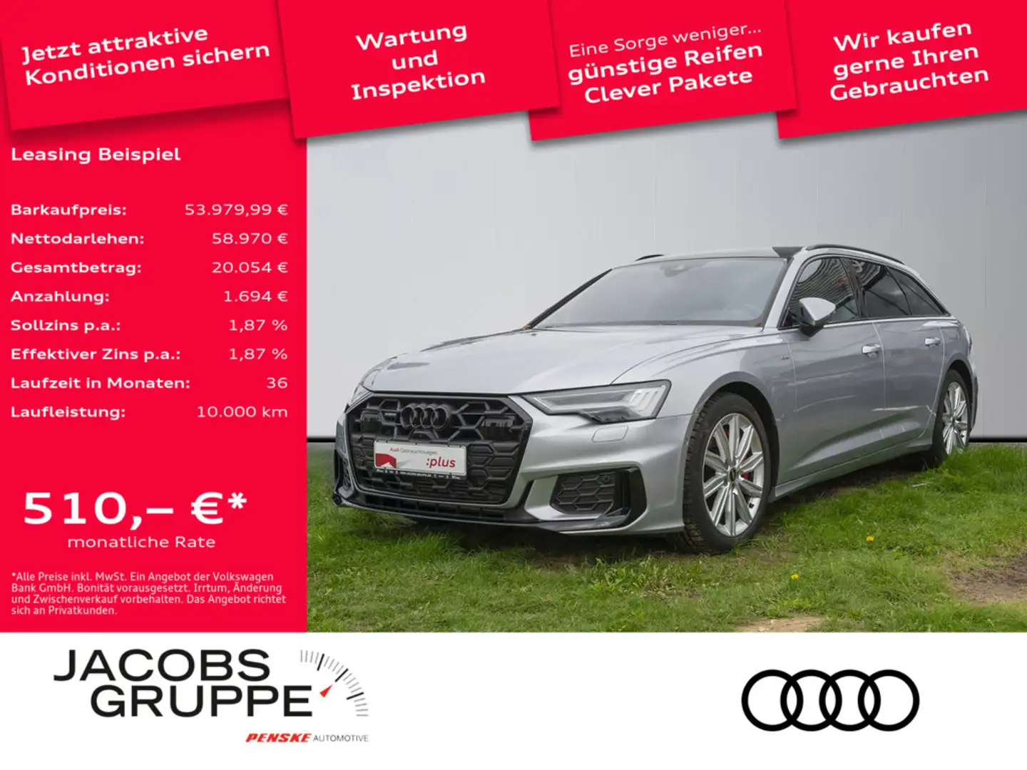 Audi A6 Avant 55TFSIe qu. 2xS line/Black+/HD Matrix/Pano/HuD/360°/AHK Silber - 1