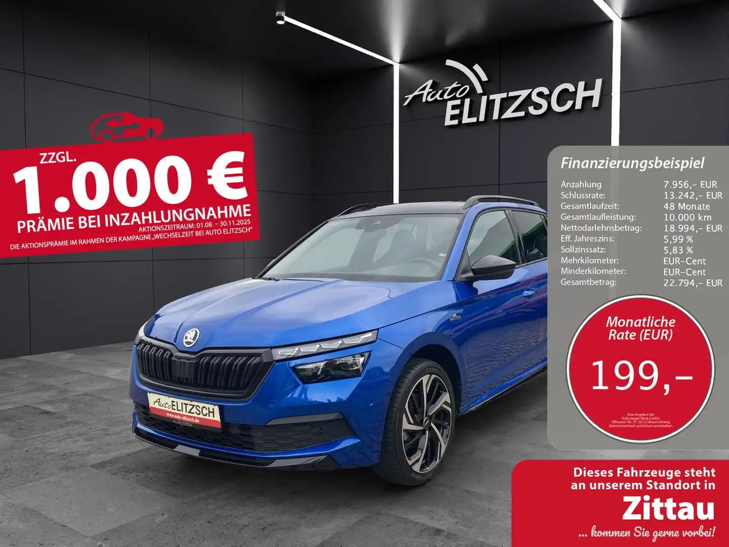 Skoda Kamiq TSI Monte Carlo DSG Navi AID ACC RFK Pano SH 18" Blau - 1