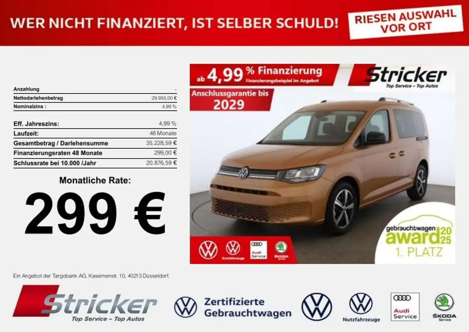 Volkswagen Caddy Kombi Goal 2.0TDI 299,-ohne Anzahlung Navi ACC Si Bronze - 1