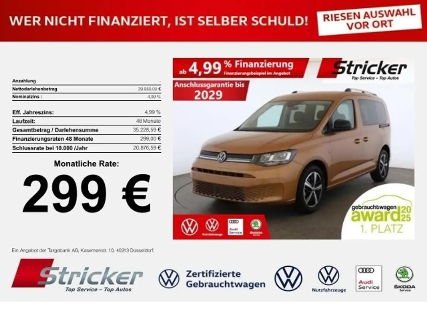 Volkswagen Caddy Kombi Goal 2.0TDI 299,-ohne Anzahlung Navi ACC Si Bronze - 1