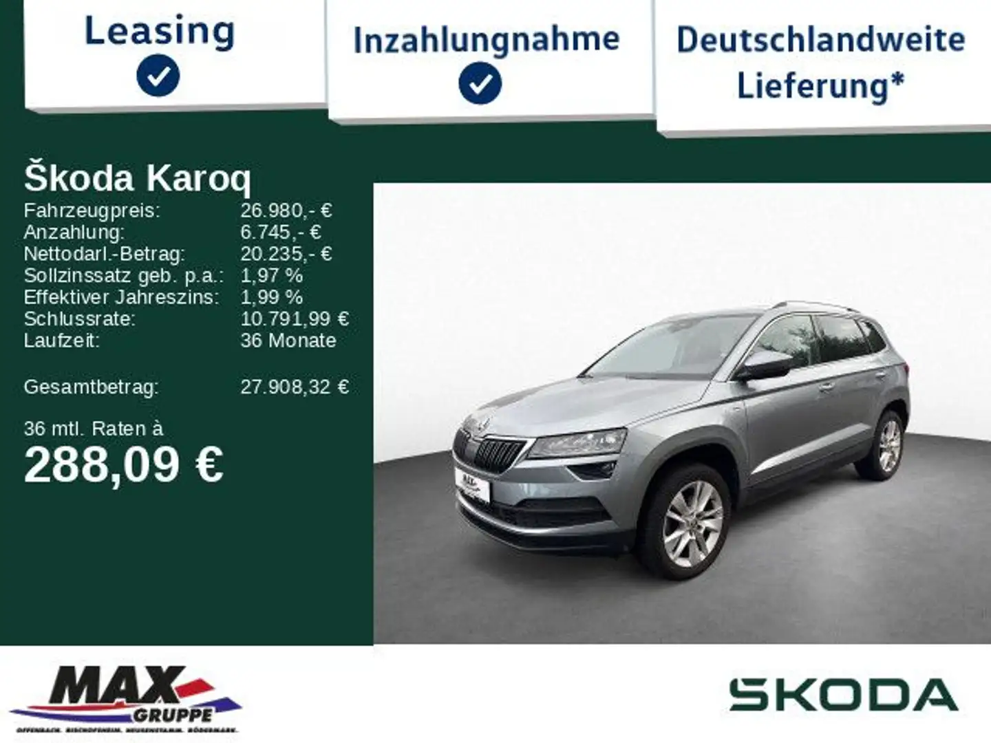 Skoda Karoq 1.5 TSI Drive KAM+KESSY+ACC+NAVI+LED Argent - 1