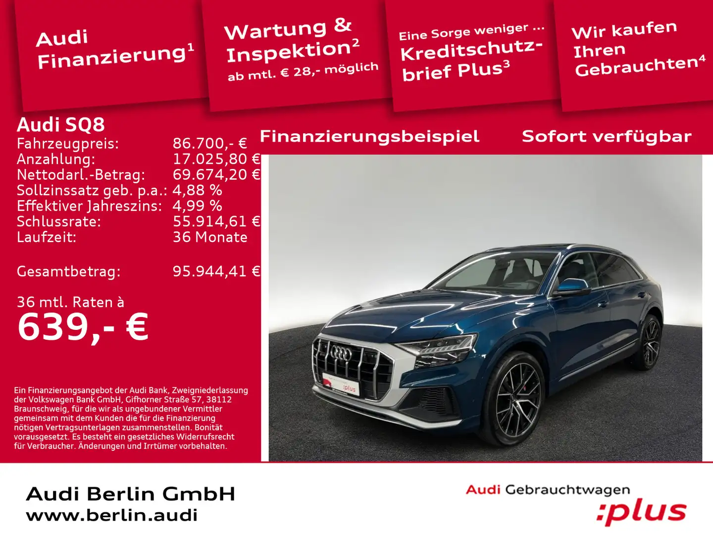 Audi SQ8 TFSI tiptr. STDHZG 360°K MATRIX NACHTS HUD P Blau - 1