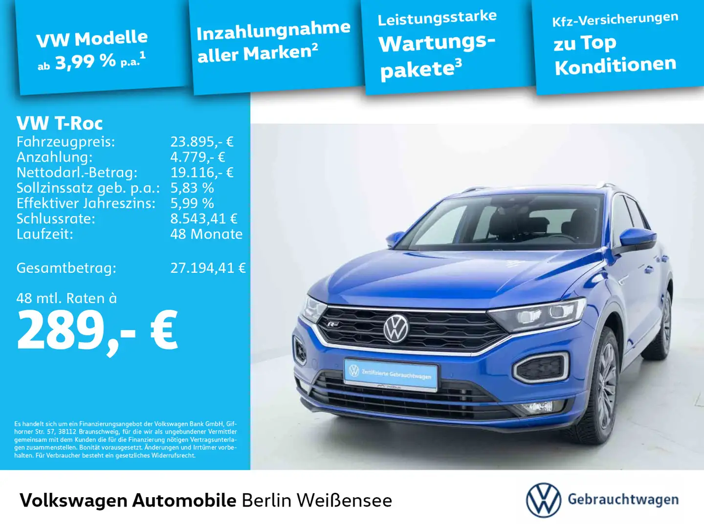Volkswagen T-Roc 1.5 TSI DSG*ACC*APP*PANO*RFK*LED*SHZ*AHK* Blau - 1
