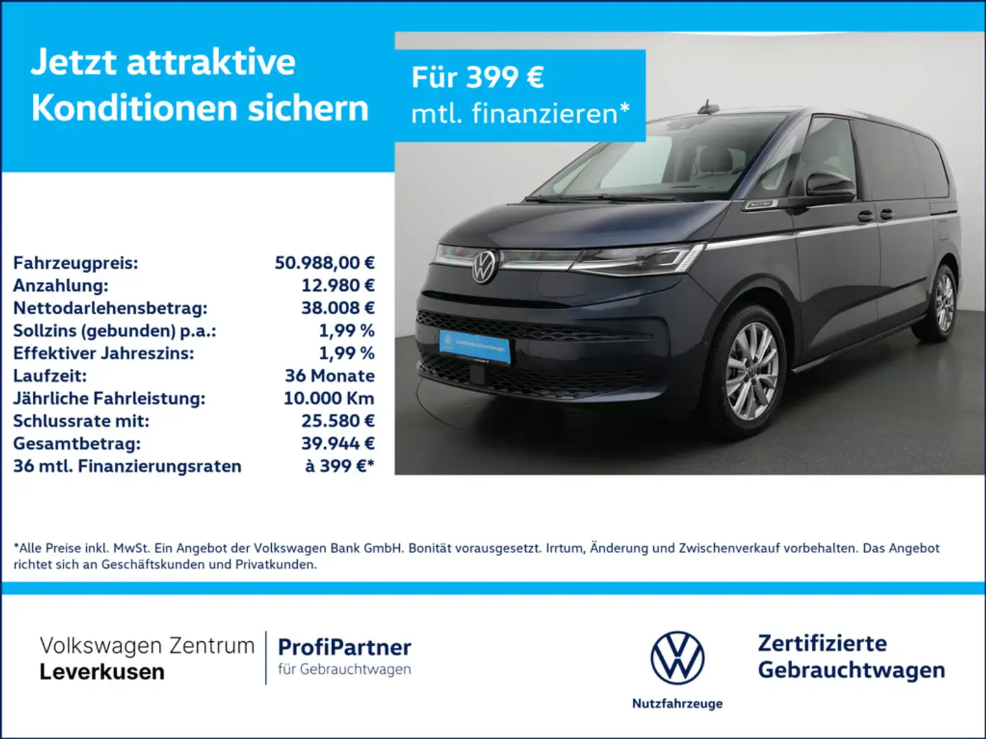 Volkswagen T7 Multivan Style 7-SITZER MATRIX AHK LEDER A Blau - 1
