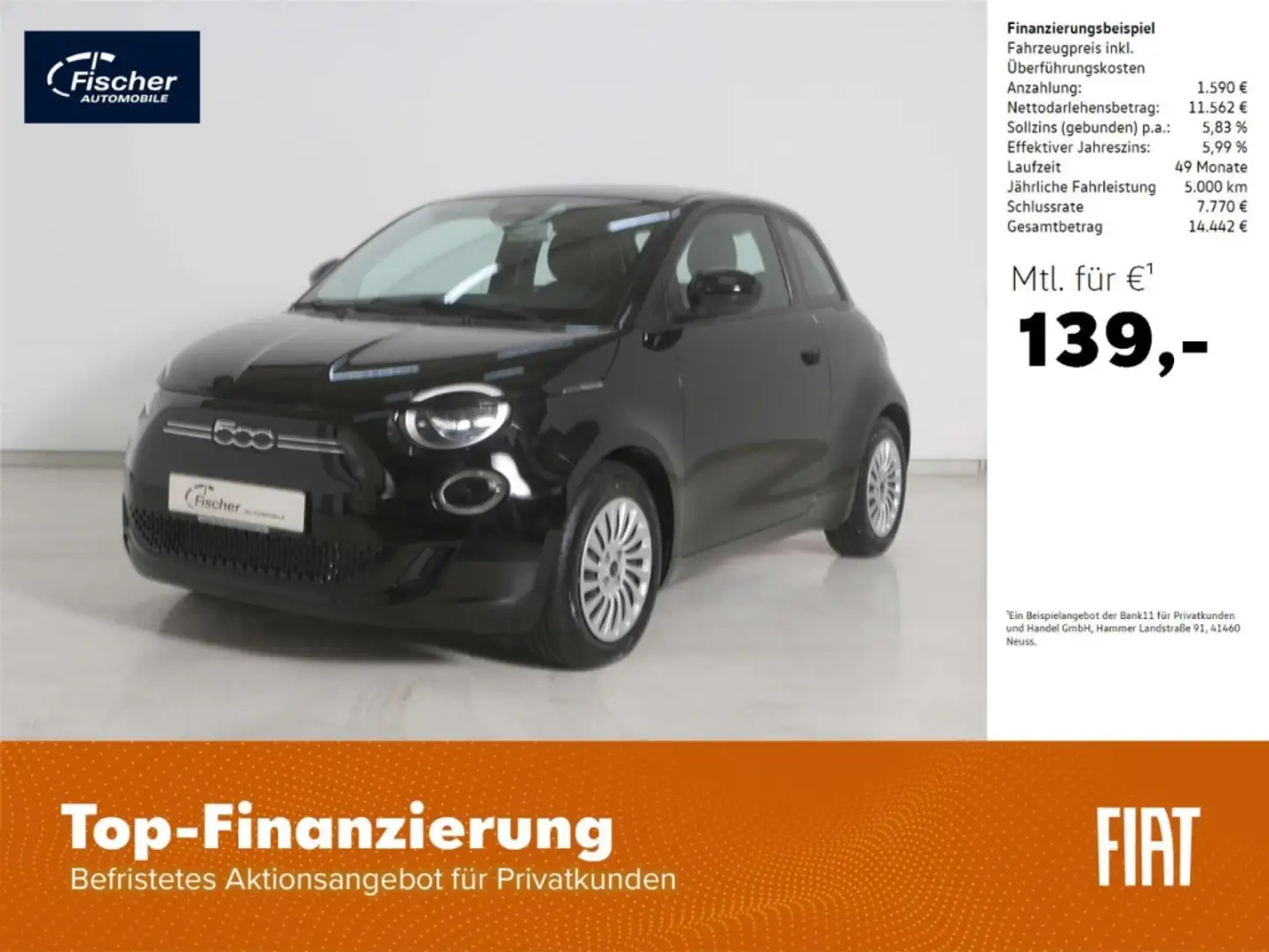 Fiat 500e Elektro Action Zwart - 1