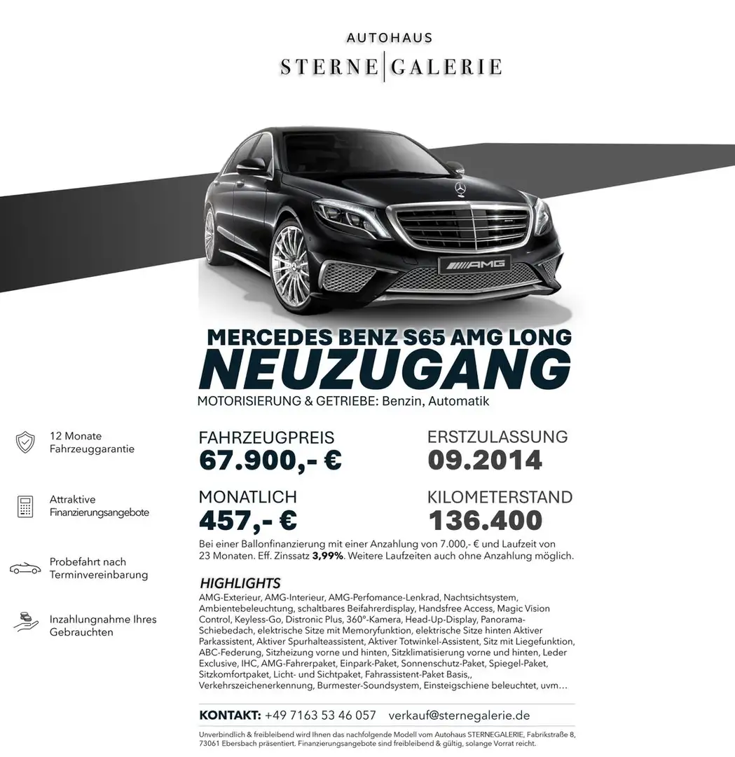Mercedes-Benz S 65 AMG LANG/NACHTS/360°/BEIFAHRERDIS/MEMORY Negru - 1