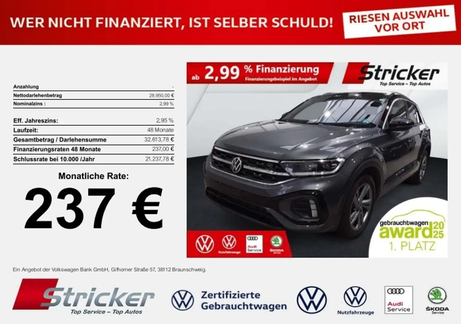 Volkswagen T-Roc R-Line 1.5TSI DSG 237,-ohne Anzahlung Navi AHK AC Grau - 1