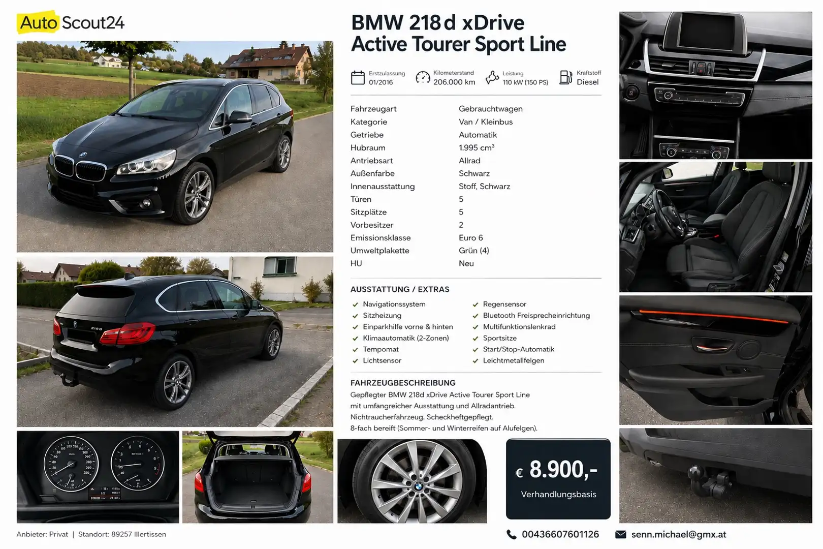 BMW 218 218d xDrive Active Tourer Sport Line Aut. Sport Line Schwarz - 1