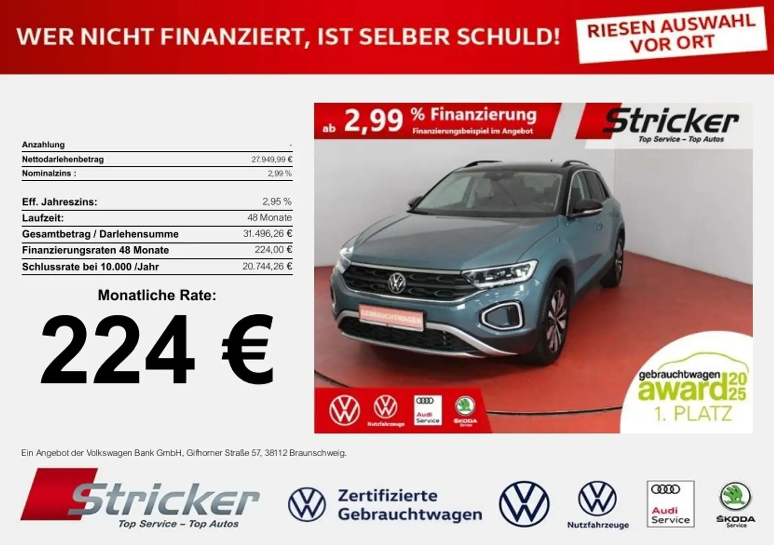 Volkswagen T-Roc Goal 2.0TDI DSG 224,-ohne Anzahlung Navi AHK Kame Blau - 1