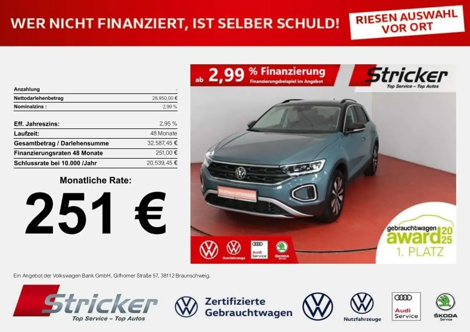 Volkswagen T-Roc Goal 2.0TDI DSG 251,-ohne Anzahlung Navi AHK Kame Blau - 1