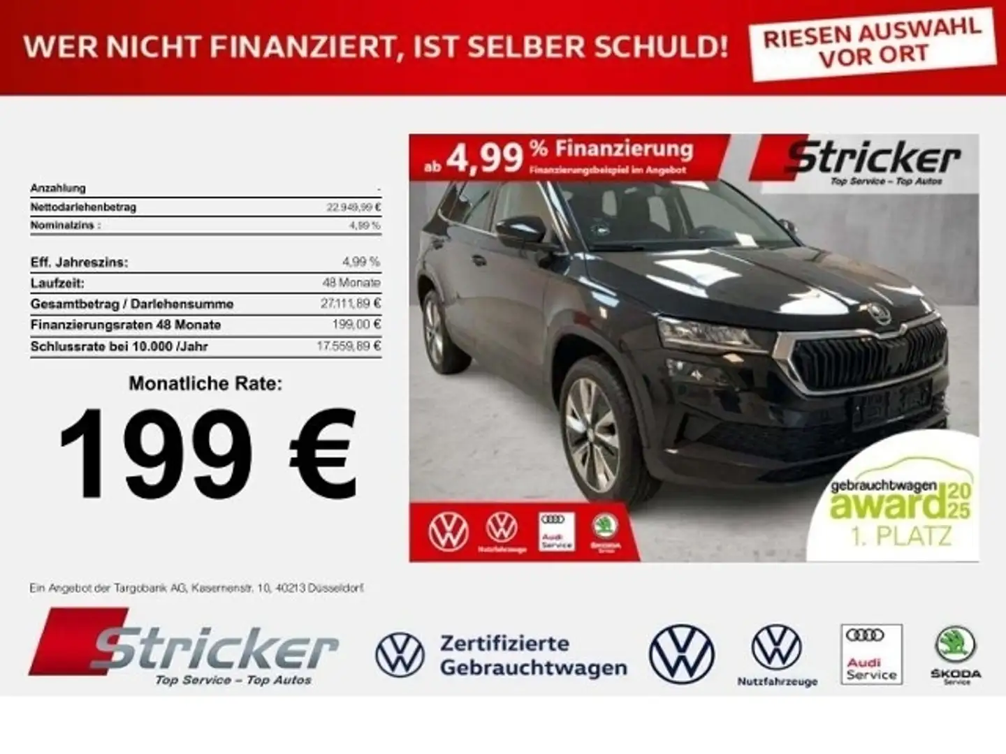 Skoda Karoq Selection 1.0TSI 199,-ohne Anzahlung Sitzheizung Schwarz - 1