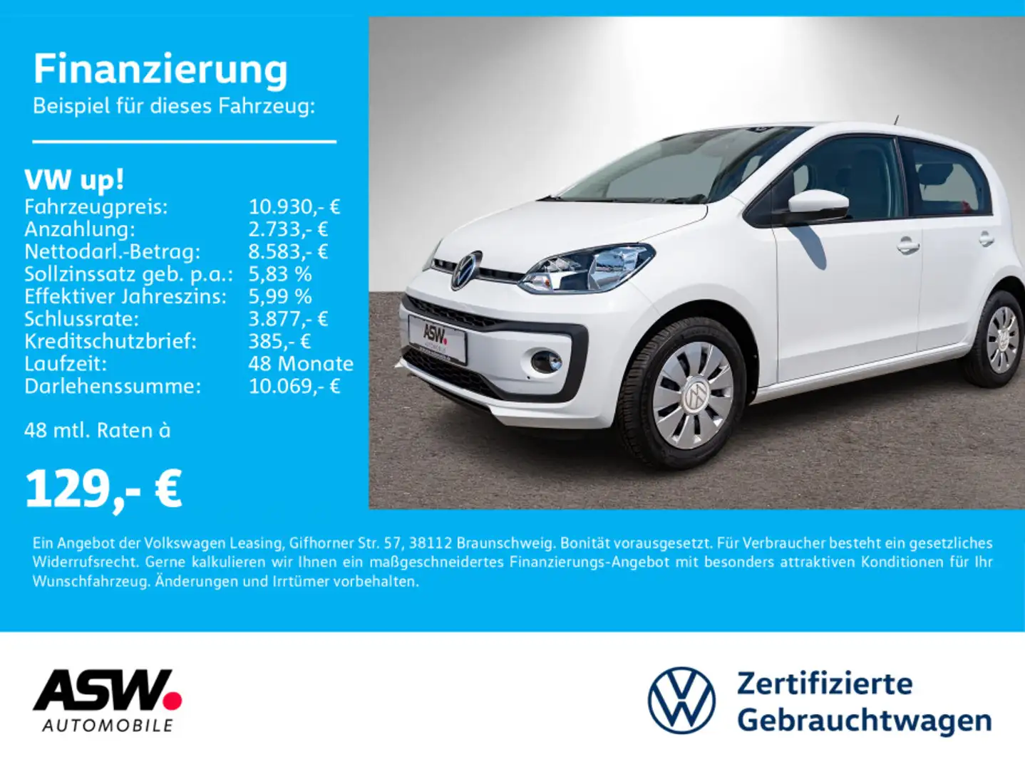 Volkswagen up! eco up! 1.0 SRE BlueMotion Klima RFK PDC SHZ Weiß - 1