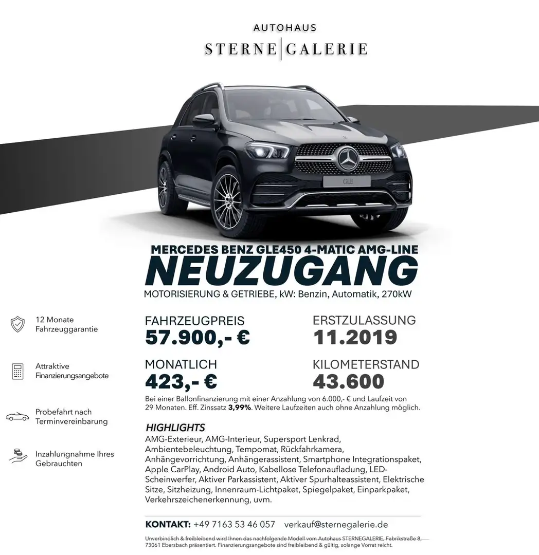 Mercedes-Benz GLE 450 -LINE/4M/RÜCKF/AHK/TEMP/AMBIENT Schwarz - 1