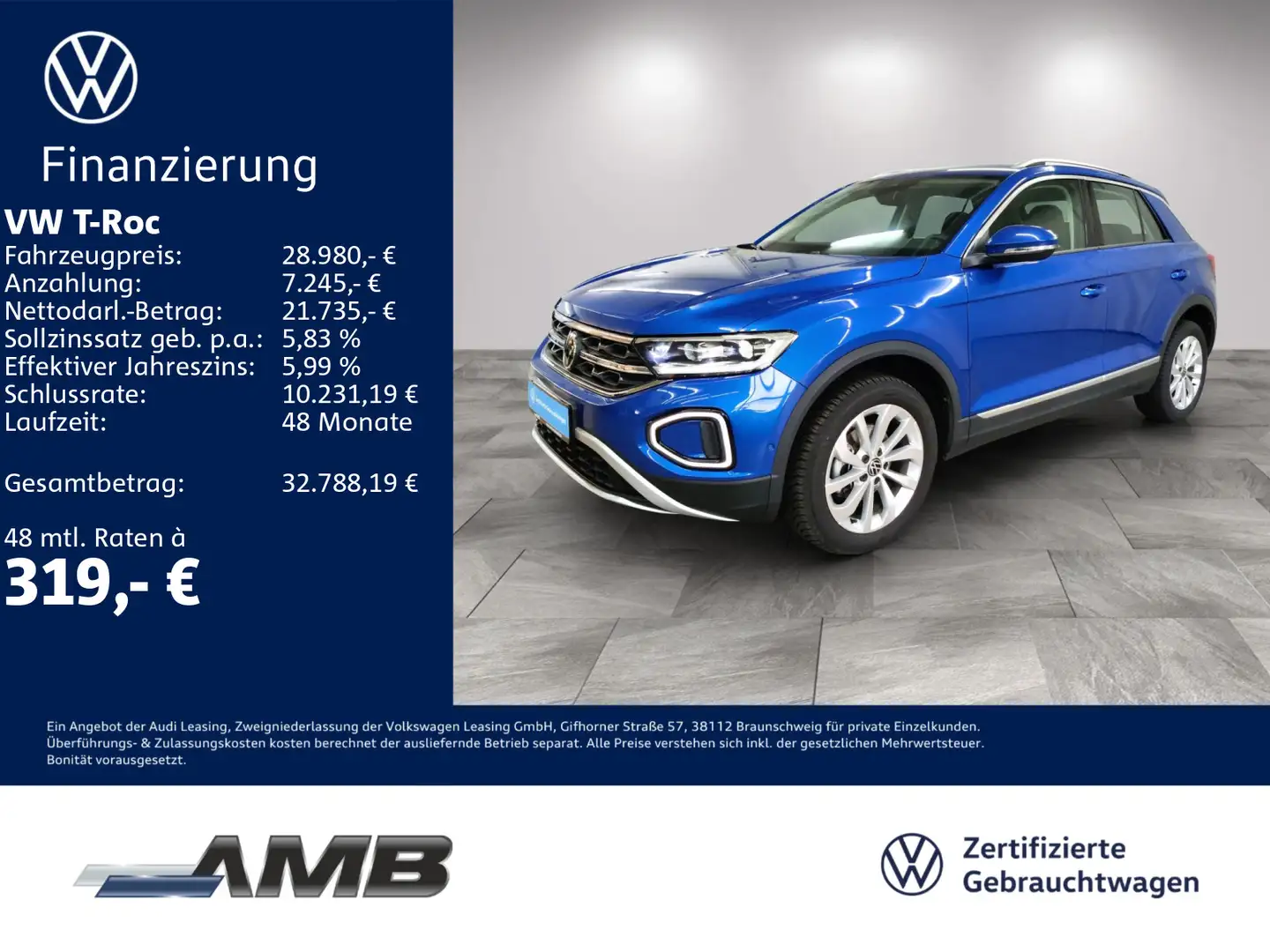 Volkswagen T-Roc Style 1.5 TSI LED+/IQ.Dr/RFK/Standh/01.30G Blau - 1