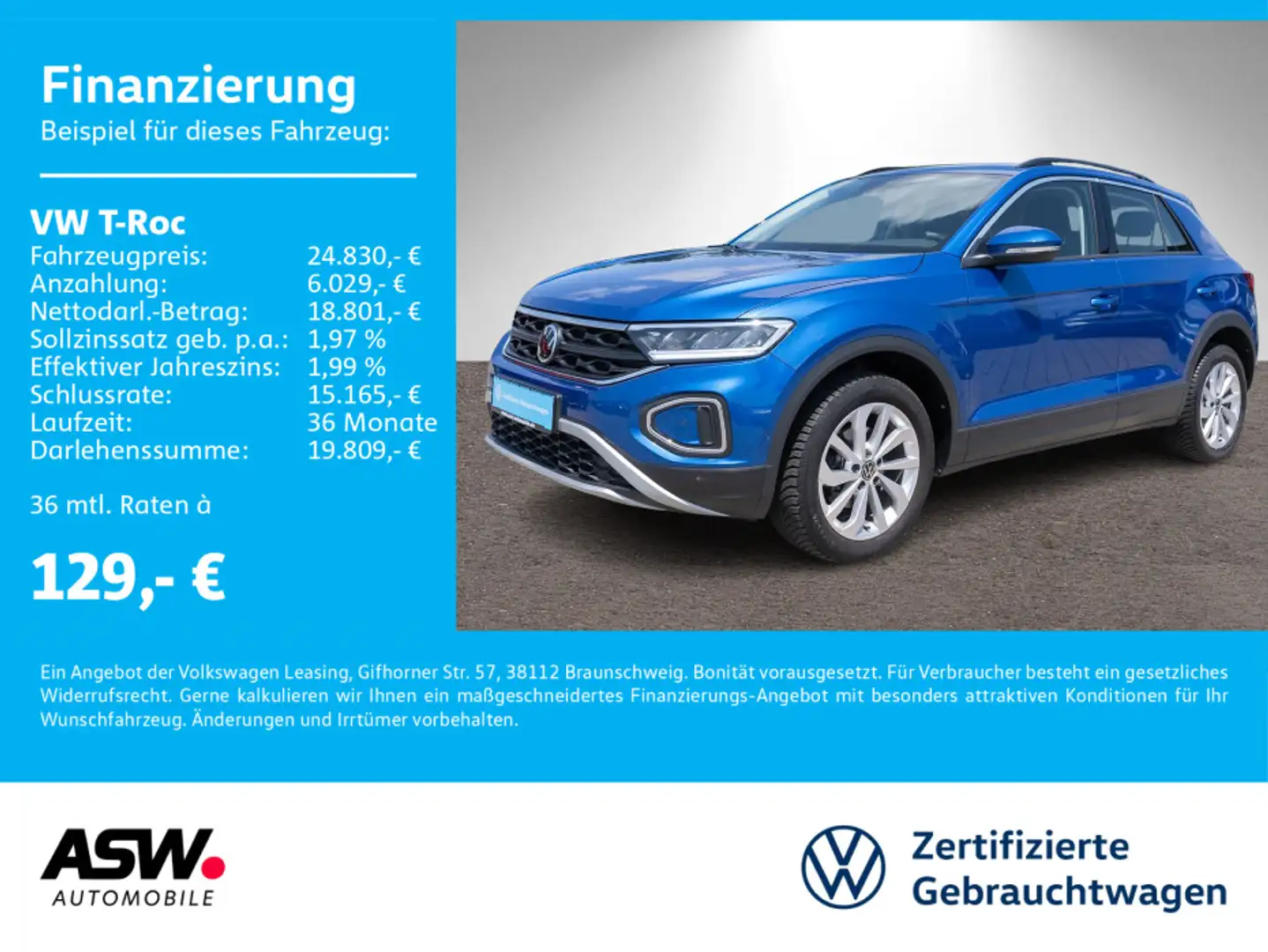 Volkswagen T-Roc Life 1.0 TSI LED Navi PDC SHZ Stdhzg AHK Blau - 1