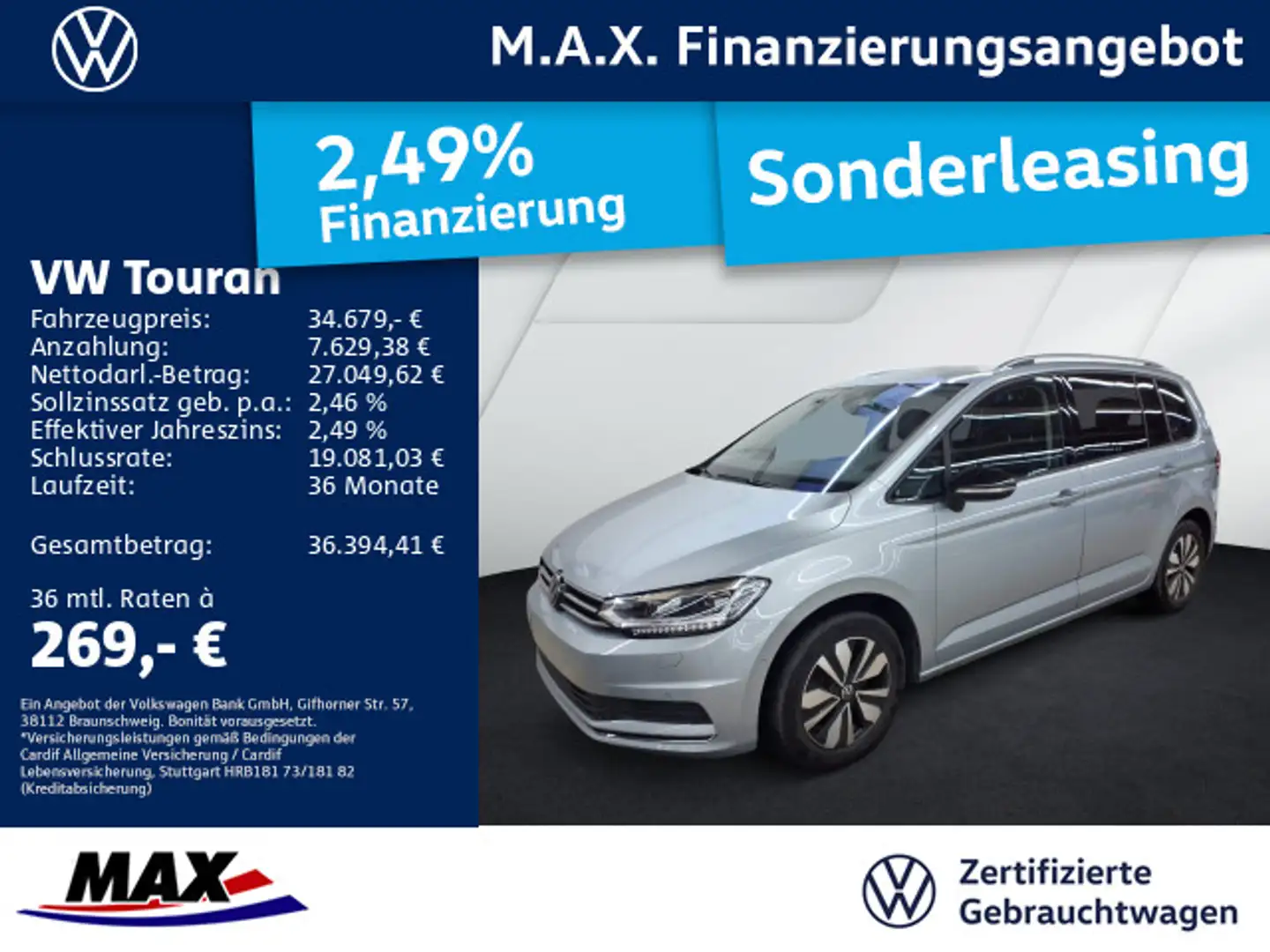 Volkswagen Touran 2.0 TDI DSG GOAL 7 SITZER IQ.LIGHT+AHK+VC Silber - 1