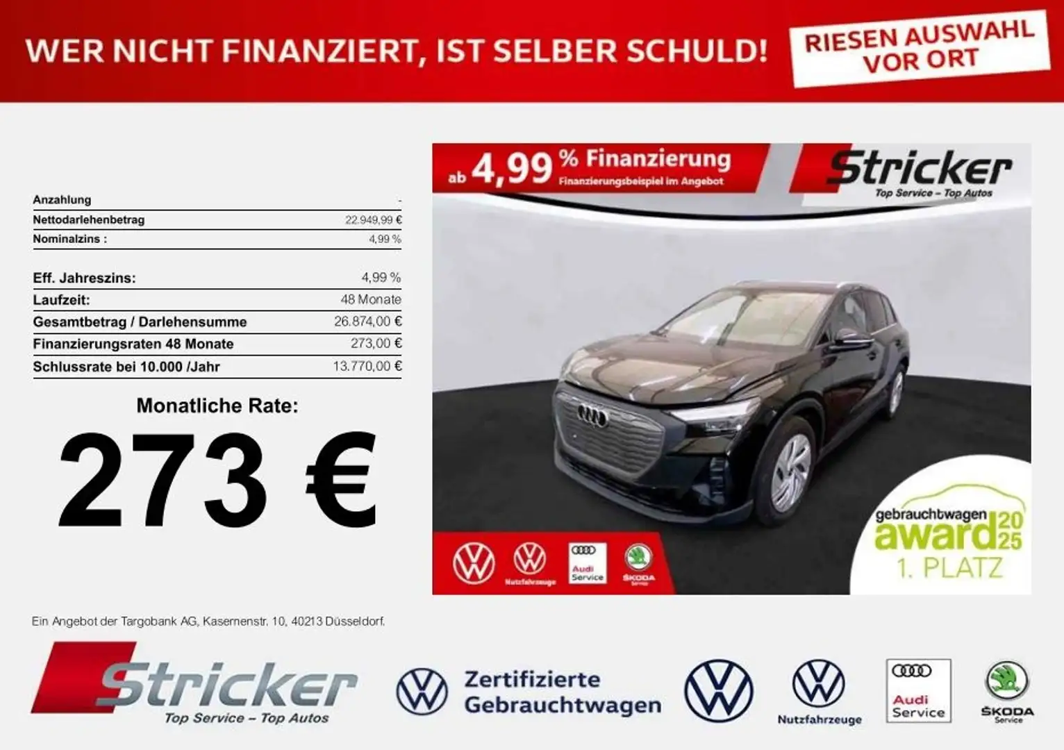 Audi Q4 e-tron 125/52 273,-ohne Anzahlung Navi Einparkhilfe Schwarz - 1