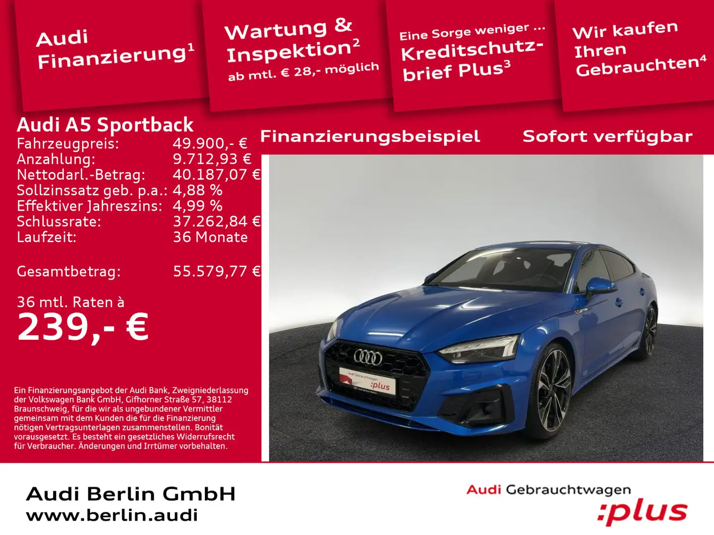 Audi A5 S line 45 TFSI qu. S tr. STDHZG 360 Blau - 1