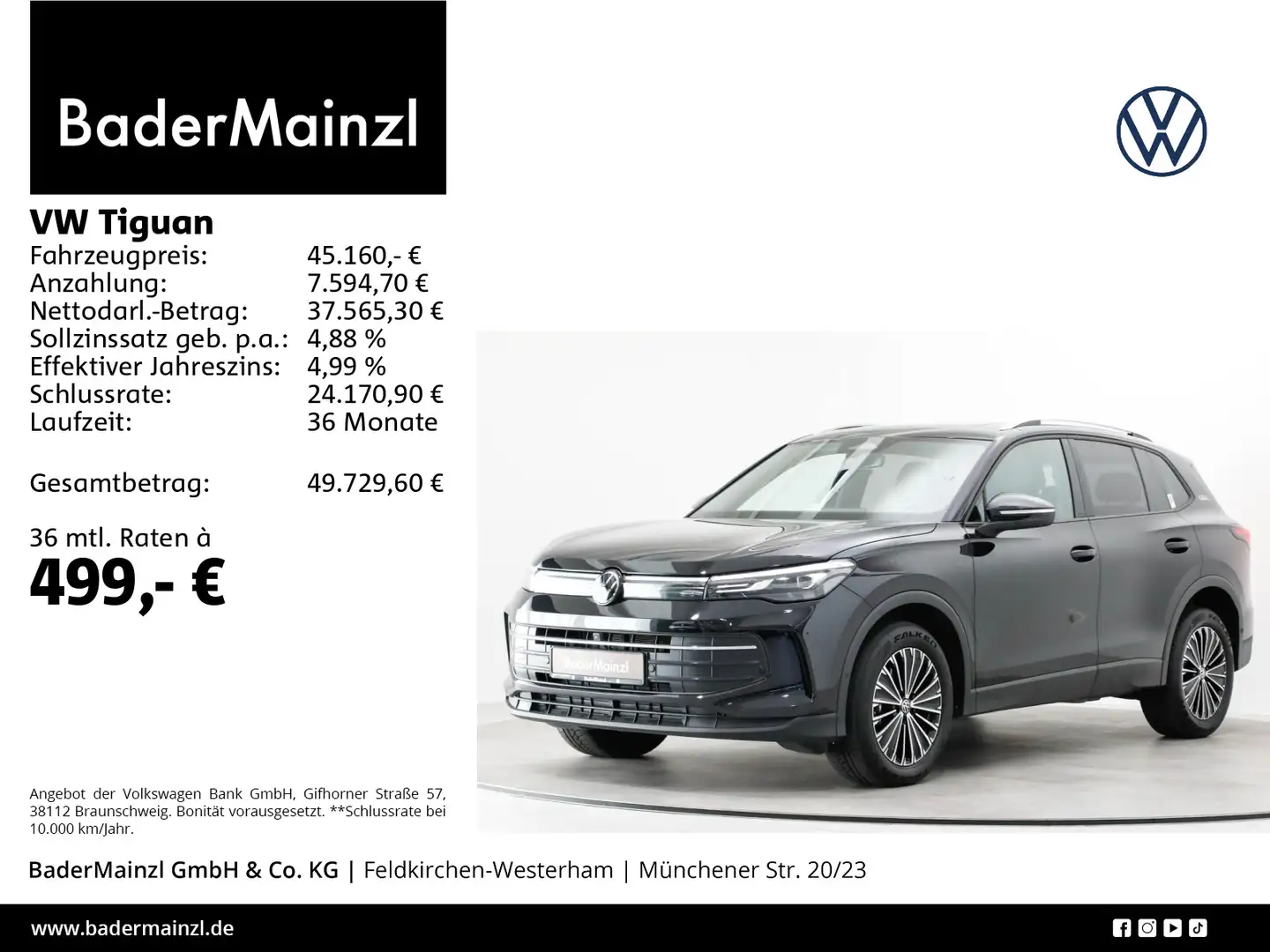 Volkswagen Tiguan 2.0 TDI 4M DSG Goal AHK 360° Pano ACC LED Schwarz - 1