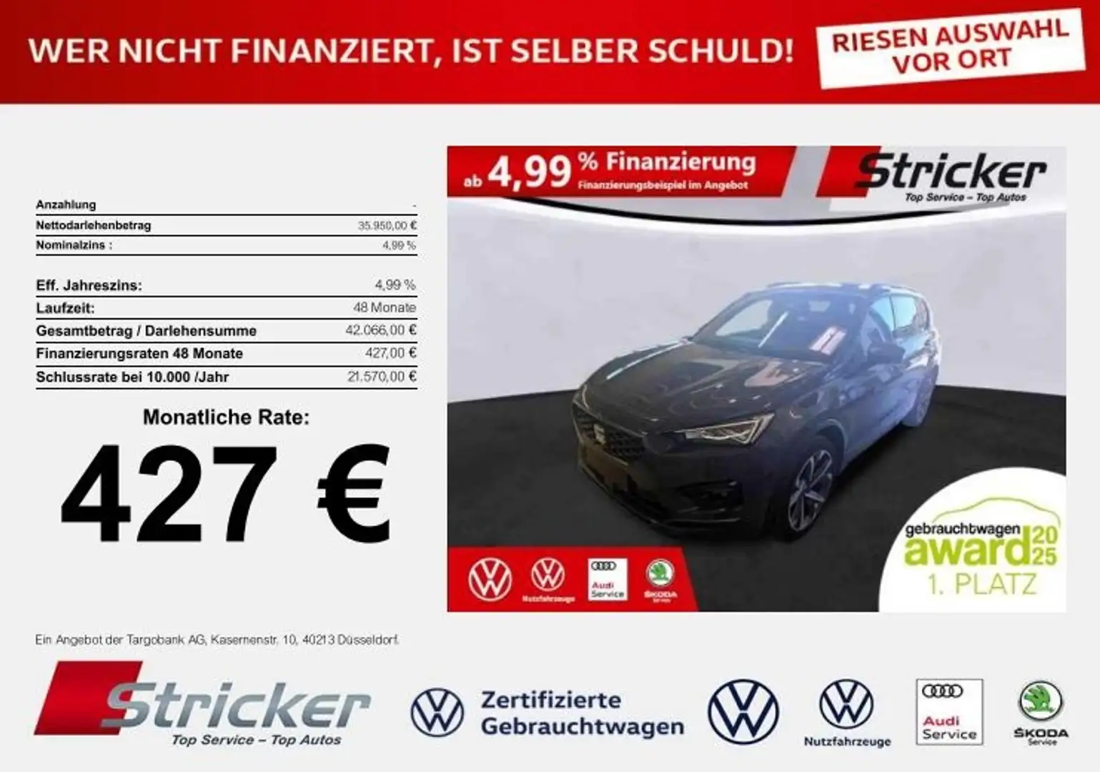 SEAT Tarraco FR-Line 2.0TSI DSG 4Drive 427,-ohne Anzahlung AHK Grau - 2
