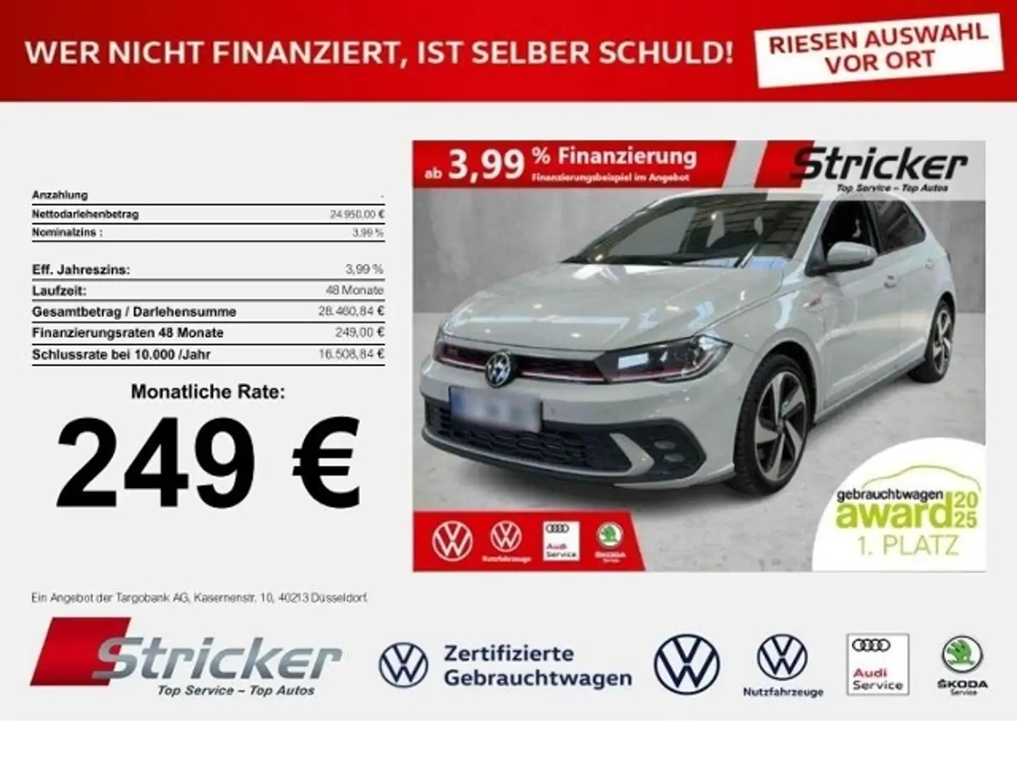 Volkswagen Polo GTI 2.0TSI DSG 249,-ohne Anzahlung ACC App-Connec Grau - 1