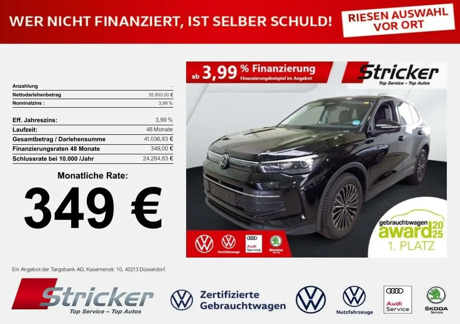 Volkswagen Tiguan Goal 2.0TDI DSG 349,-ohne Anzahlung Navi AHK Kame Schwarz - 1