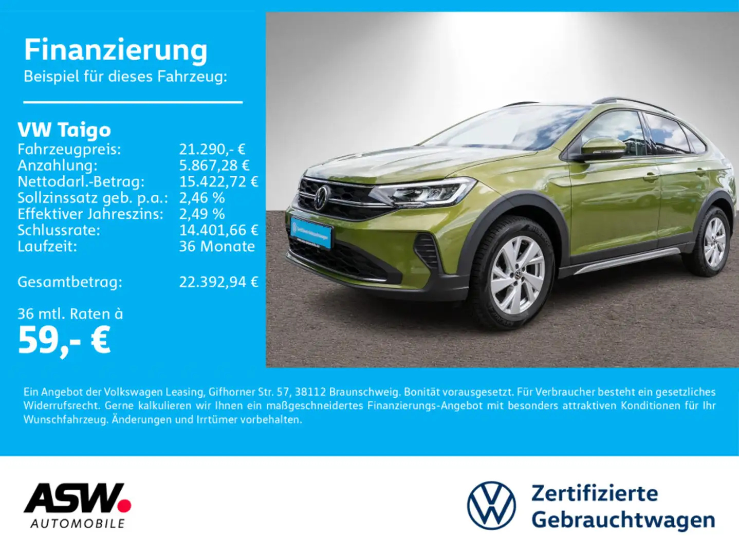 Volkswagen Taigo Life 1.0 TSI LED NAVI RFK PDC SHZ VC AHK Vert - 1