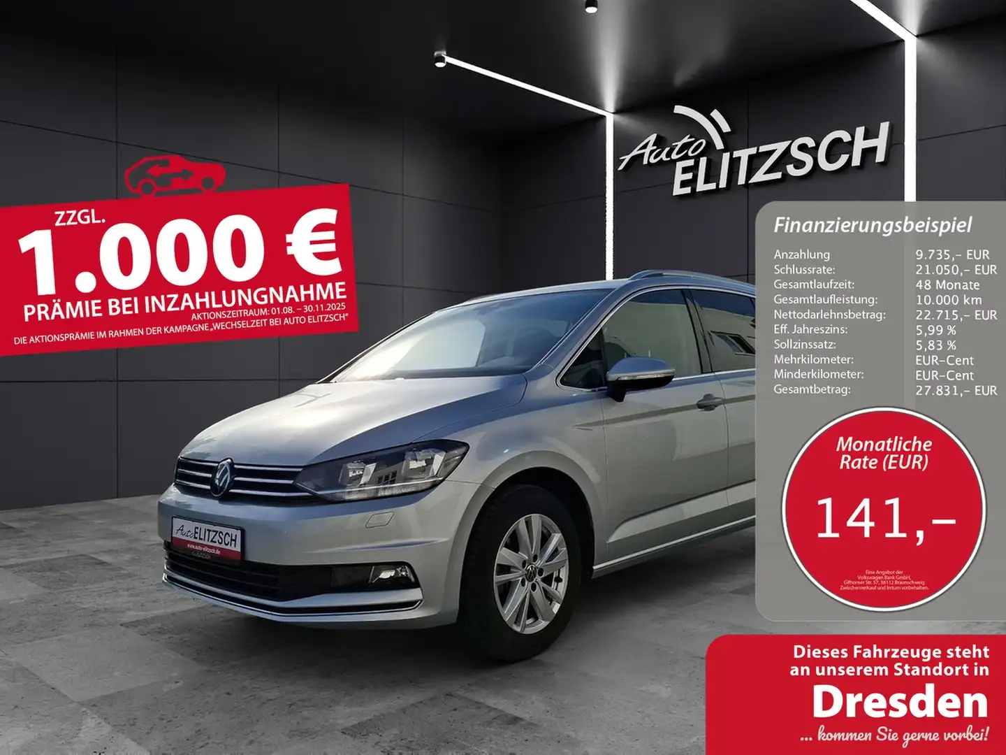 Volkswagen Touran TSI Highline DSG 7-Si AHK AID ACC RFK SH LM Silber - 1