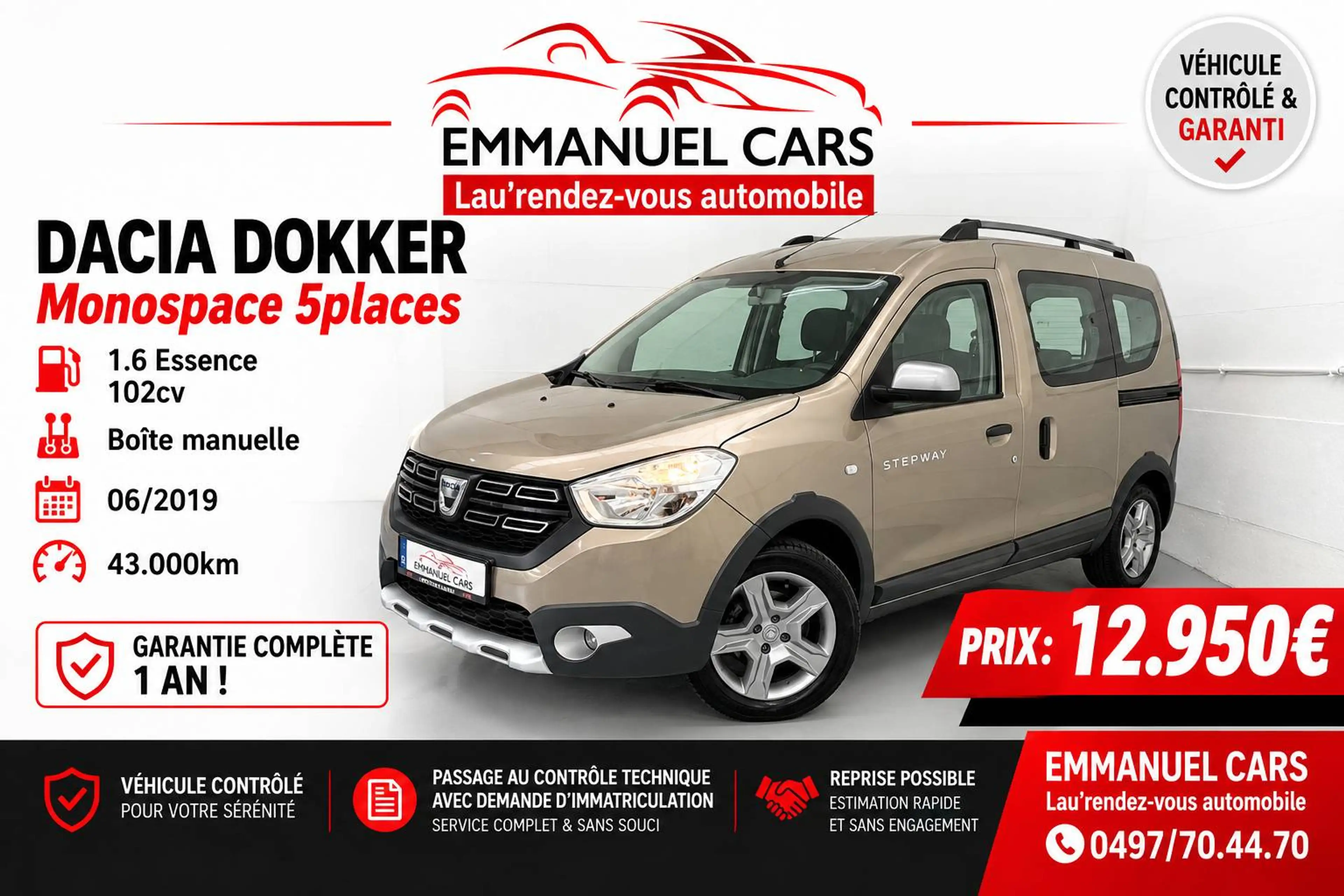 Dacia Dokker 1.6i STEPWAY. 1er Propriétaire. Super équipé; air-co, GPS, CarPlay, capteurs de parking. GARANTIE 1AN!!