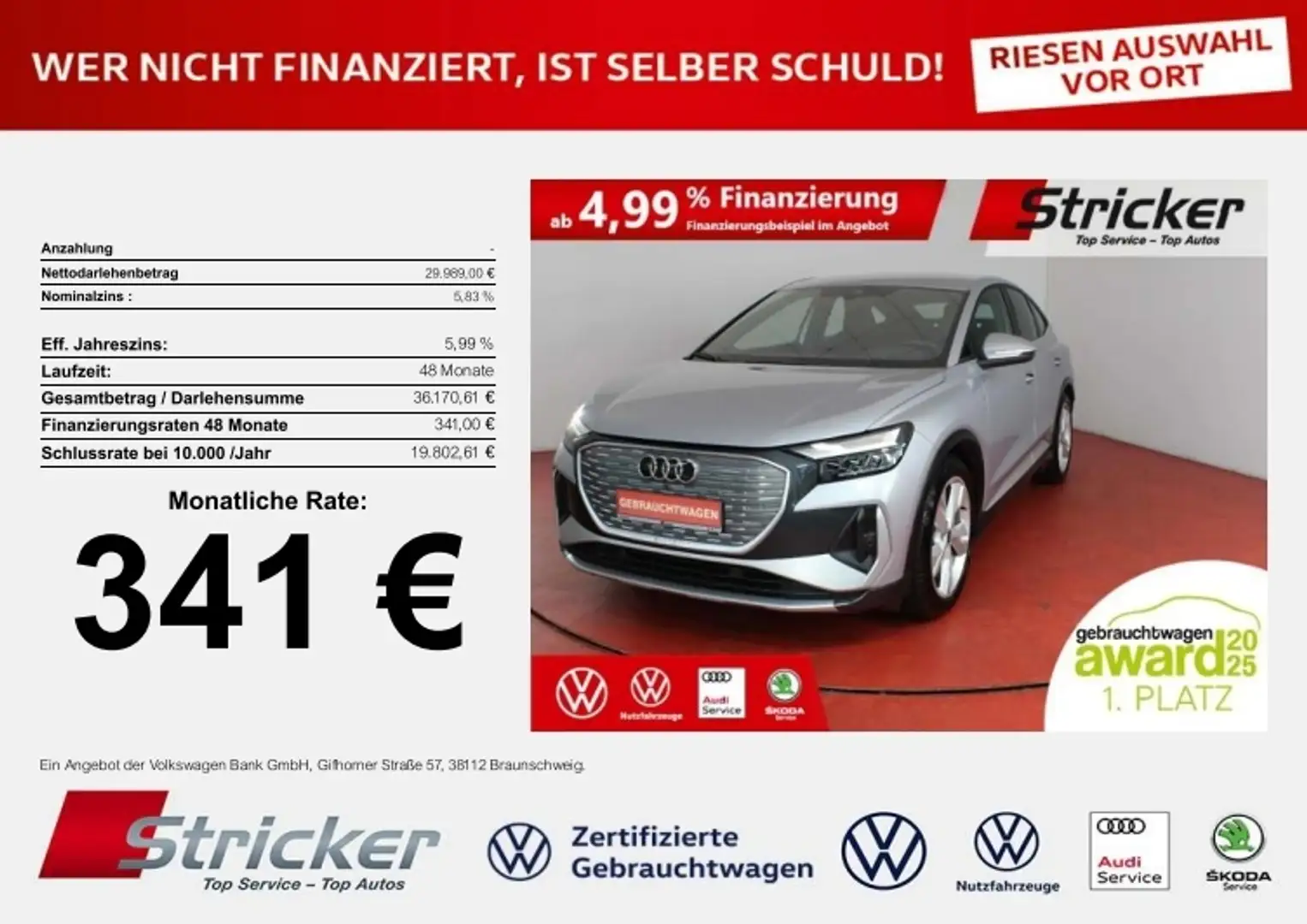 Audi Q4 e-tron S-Line quattro 220/77 341,-ohne Anzahlung Navi Ka Silber - 1