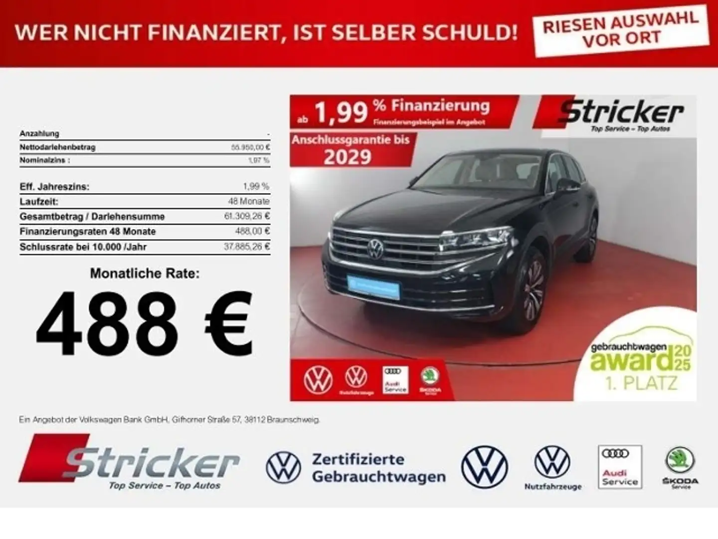Volkswagen Touareg Elegance 3.0TDI 488,-ohne Anzahlung AHK Leder Noir - 1