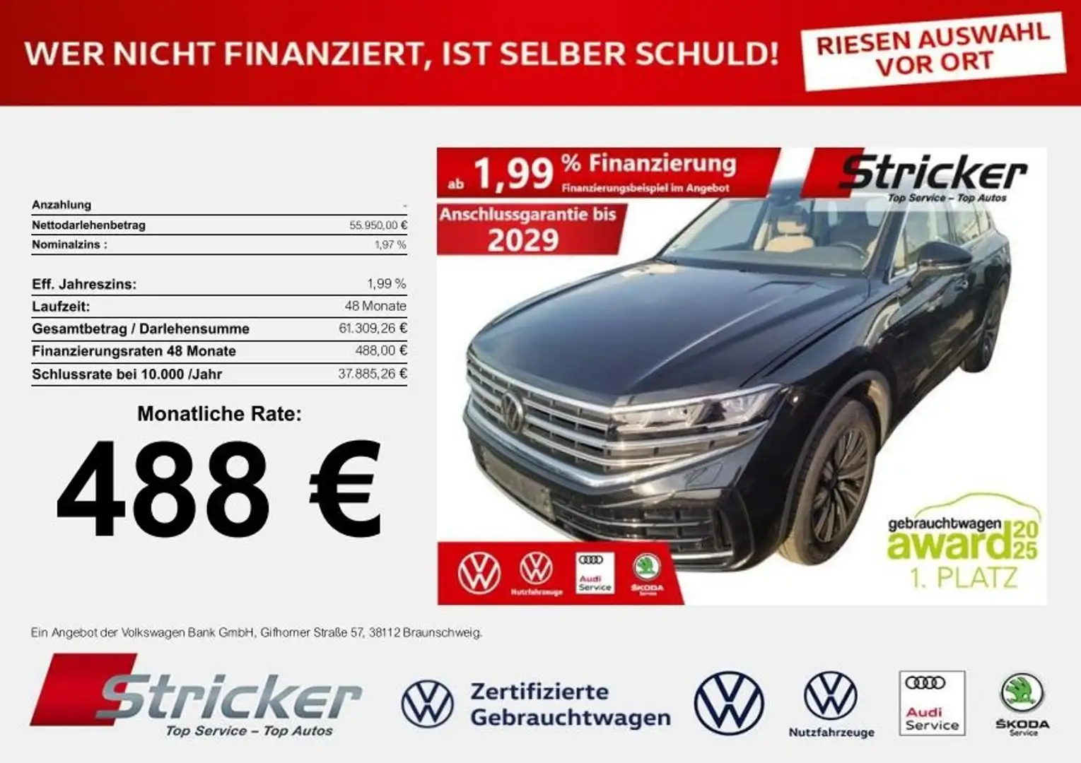 Volkswagen Touareg Elegance 3.0TDI 488,-ohne Anzahlung AHK Leder Schwarz - 1