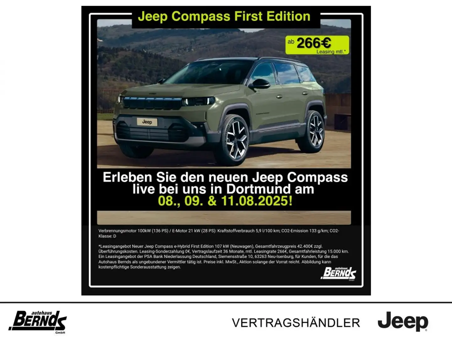 Jeep Compass 74kWh First Edition KOMFORT PREMIUM SICHERHEIT etc Vert - 1