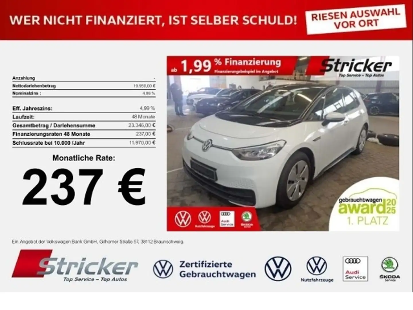 Volkswagen ID.3 Pro 150/58 237,-ohne Anzahlung Navi ACC Sitzh. Weiß - 1