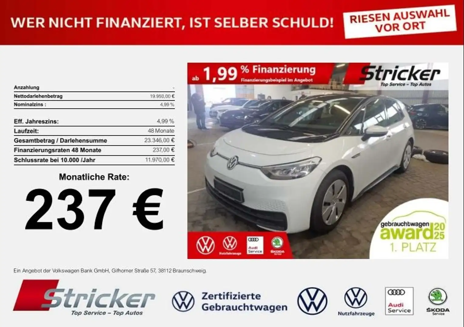 Volkswagen ID.3 Pro 150/58 237,-ohne Anzahlung Navi ACC Sitzh. Weiß - 2