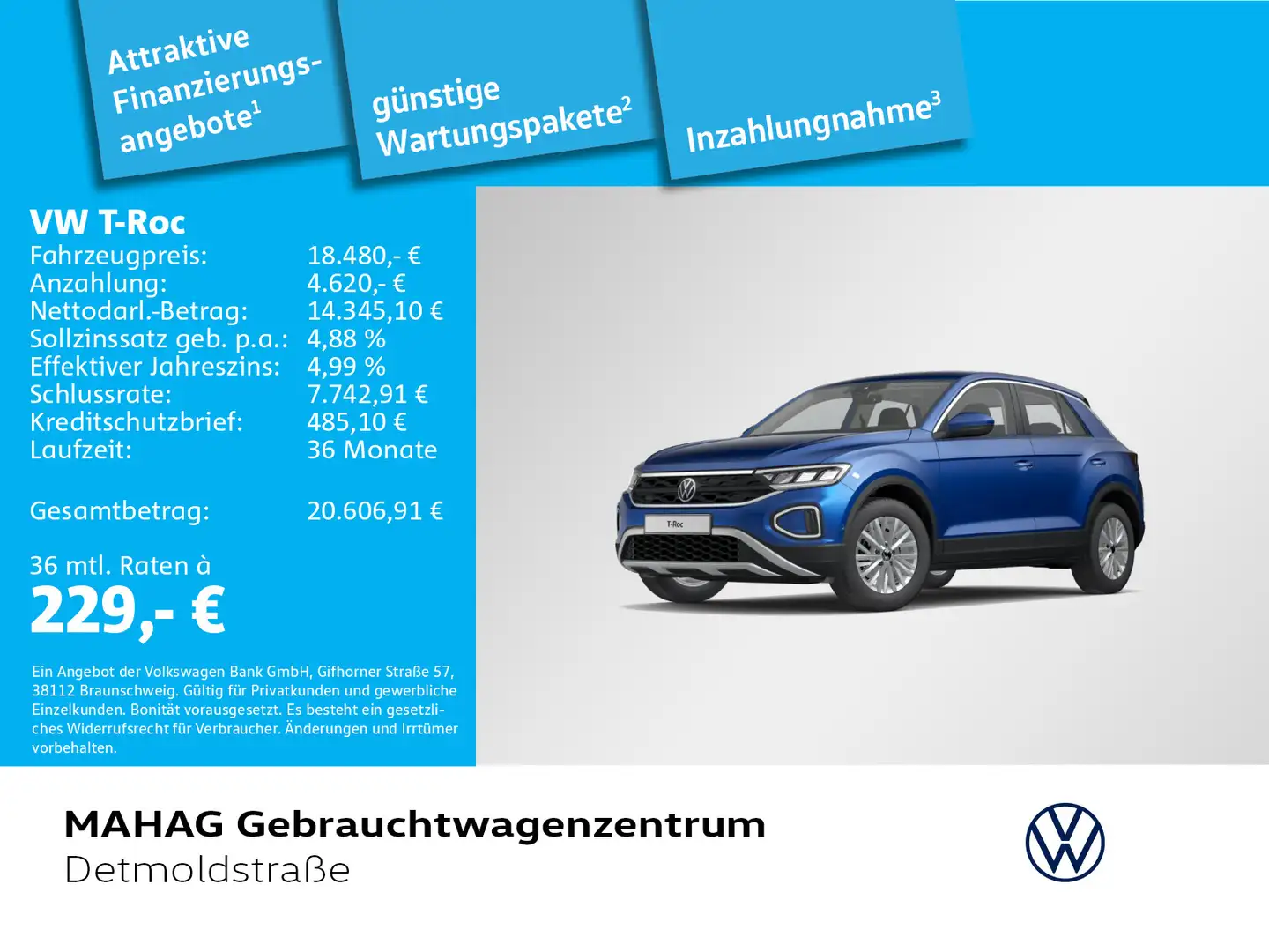 Volkswagen T-Roc T-ROC 1.0 TSI LED ParkAssist Bluetooth 6-Gang Blau - 1