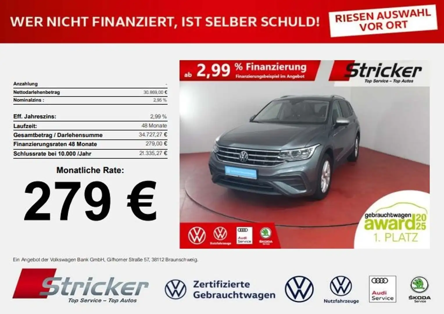 Volkswagen Tiguan Allspace Life 1.5TSI DSG 279,-ohne Anzahlung 7-Sitzer AHK Grau - 1