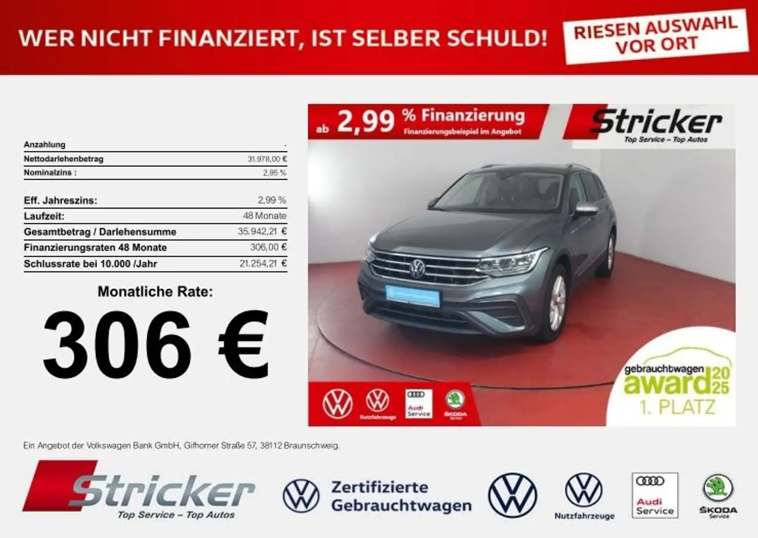 Volkswagen Tiguan Allspace Life 1.5TSI DSG 306,-ohne Anzahlung 7-Sitzer AHK Grau - 1