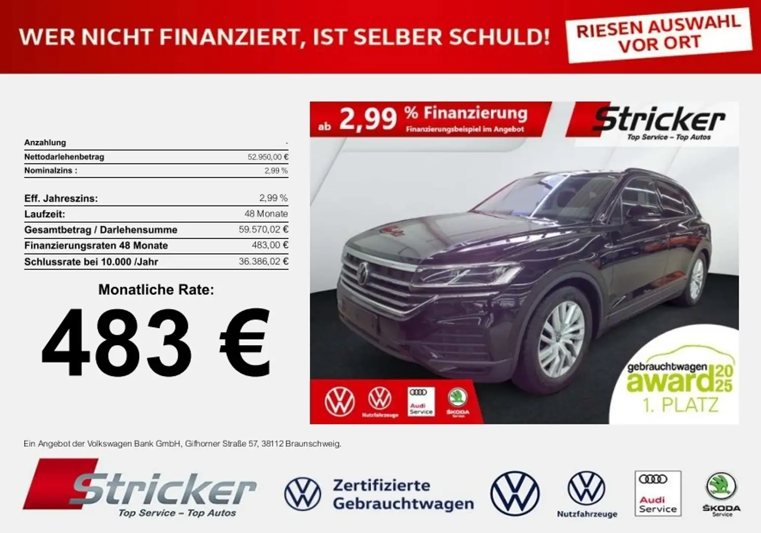 Volkswagen Touareg 3.0 TDI 483.-ohne Anzahlung AHK Navi Kamera Schwarz - 1