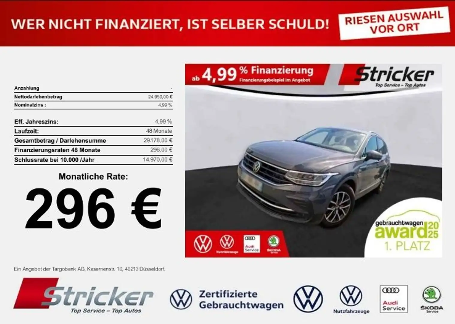 Volkswagen Tiguan Life 2.0TDI DSG 296,-ohne Anzahlung Navi AHK Kame Grau - 2