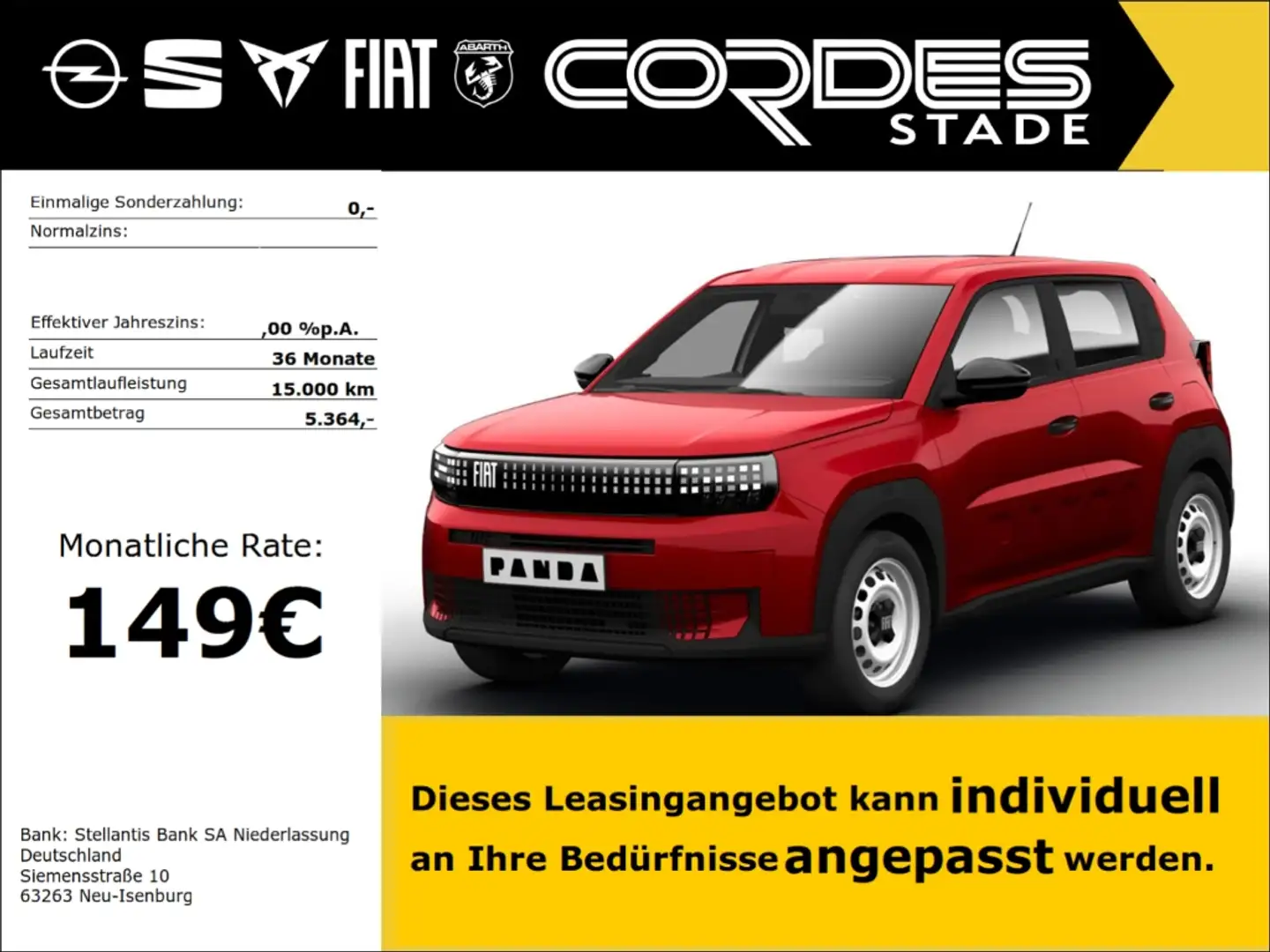 Fiat Grande Panda RED Sonderleasing 149 € OHNE Anzahlung 36 Monate, Червоний - 1