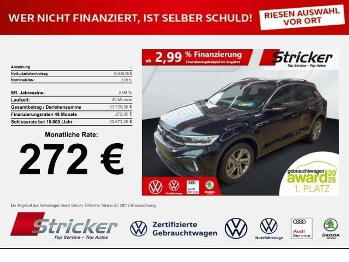 Volkswagen T-Roc R-Line 1.5 TSI DSG 272,-ohne Anzahlung Navi AHK K Schwarz - 1