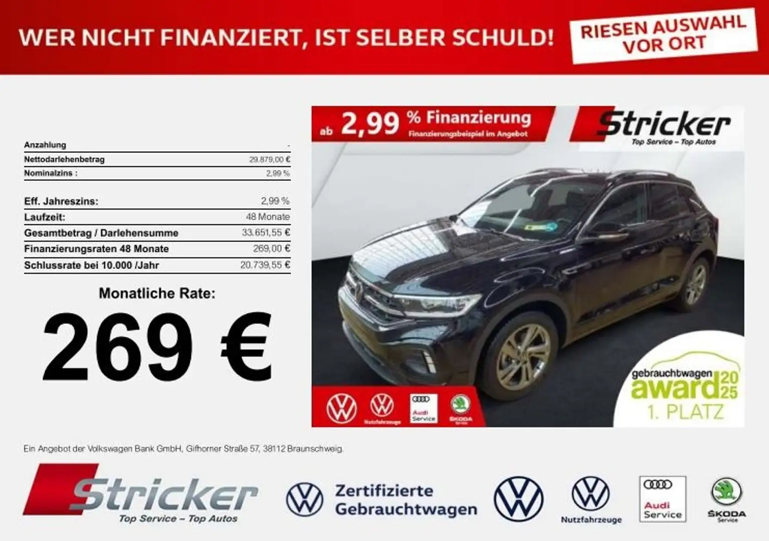 Volkswagen T-Roc R-Line 1.5 TSI DSG 269,-ohne Anzahlung Navi AHK K Schwarz - 1