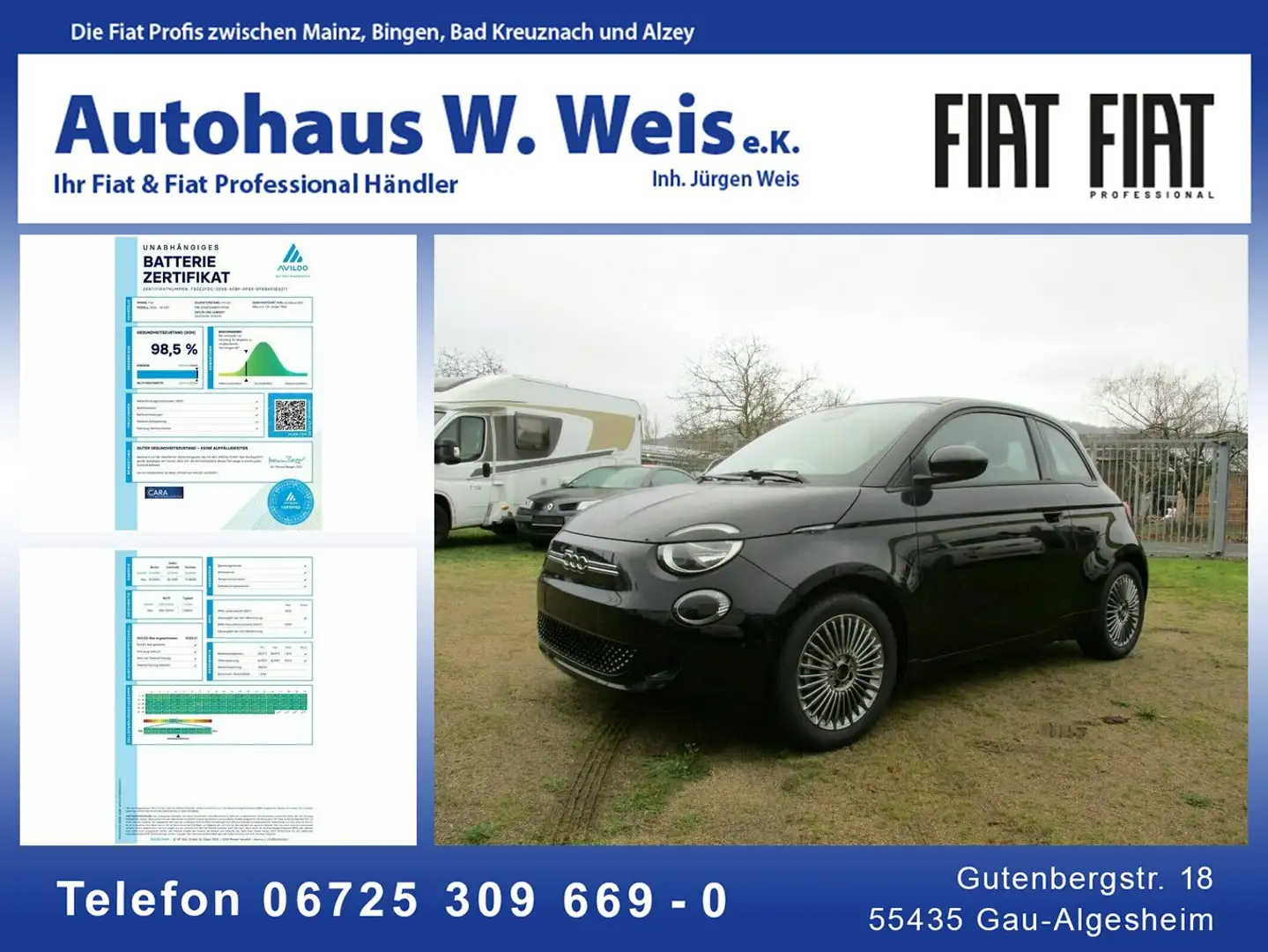 Fiat 500e mit Aviloo Batteriezertifikat !!! Zwart - 1