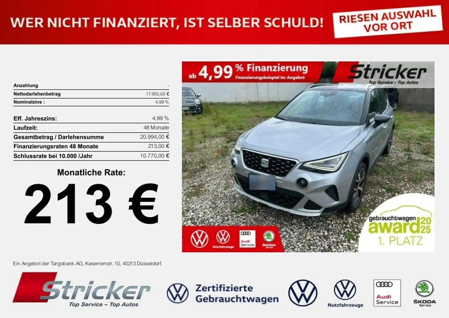 SEAT Arona Xperience 1.0TSI 213,-ohne Anzahlung ACC Kamera Silber - 1
