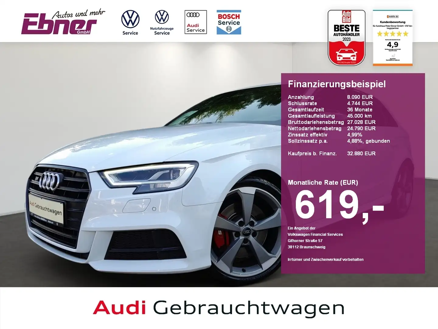 Audi S3 Sportback 310PS QUATTRO SCHALTER! 1.HAND B&O+MATRI Alb - 1