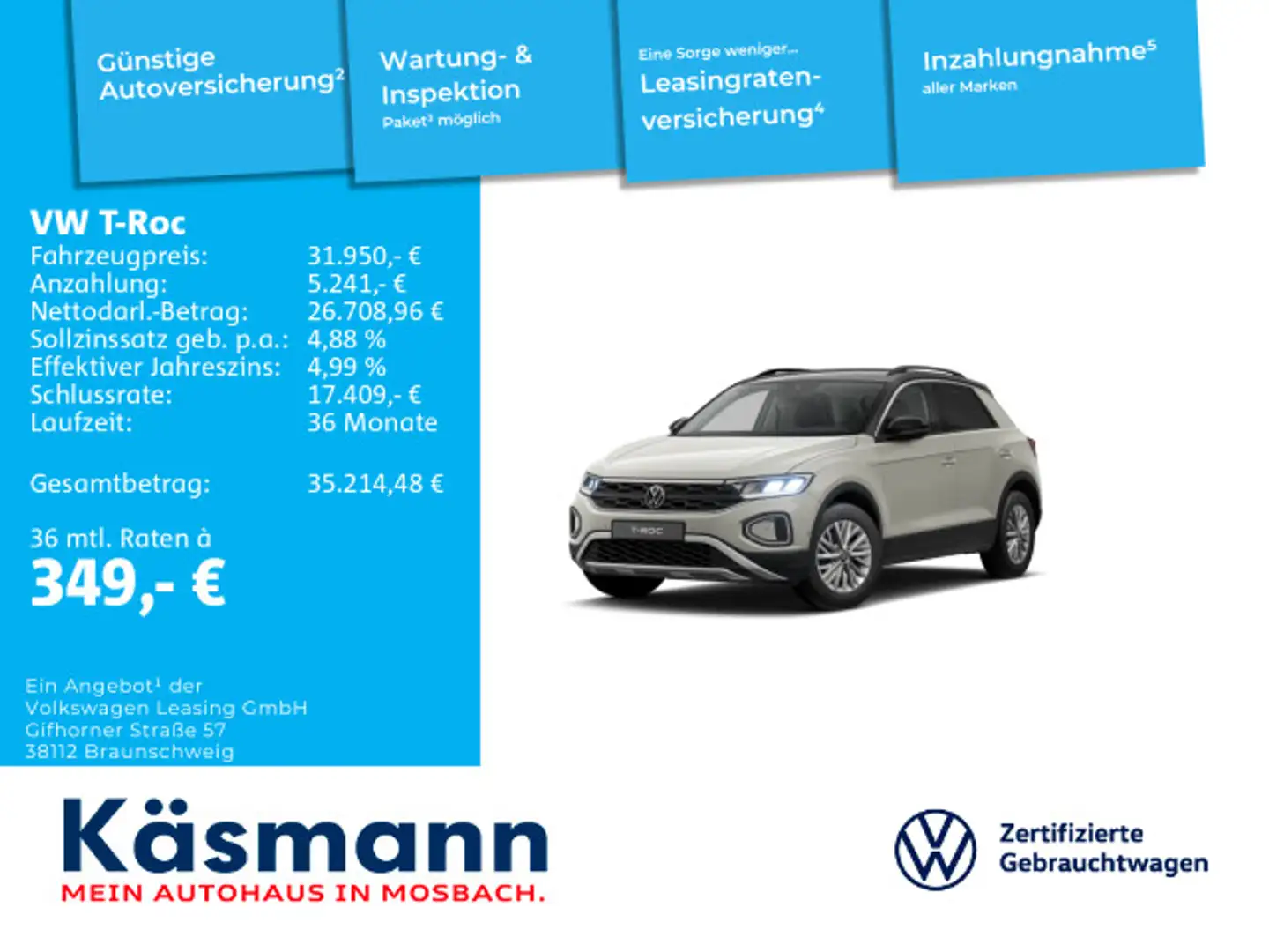 Volkswagen T-Roc Life 1.5TSI DSG AHK ACC LED NAV KAM SHZ Grau - 1