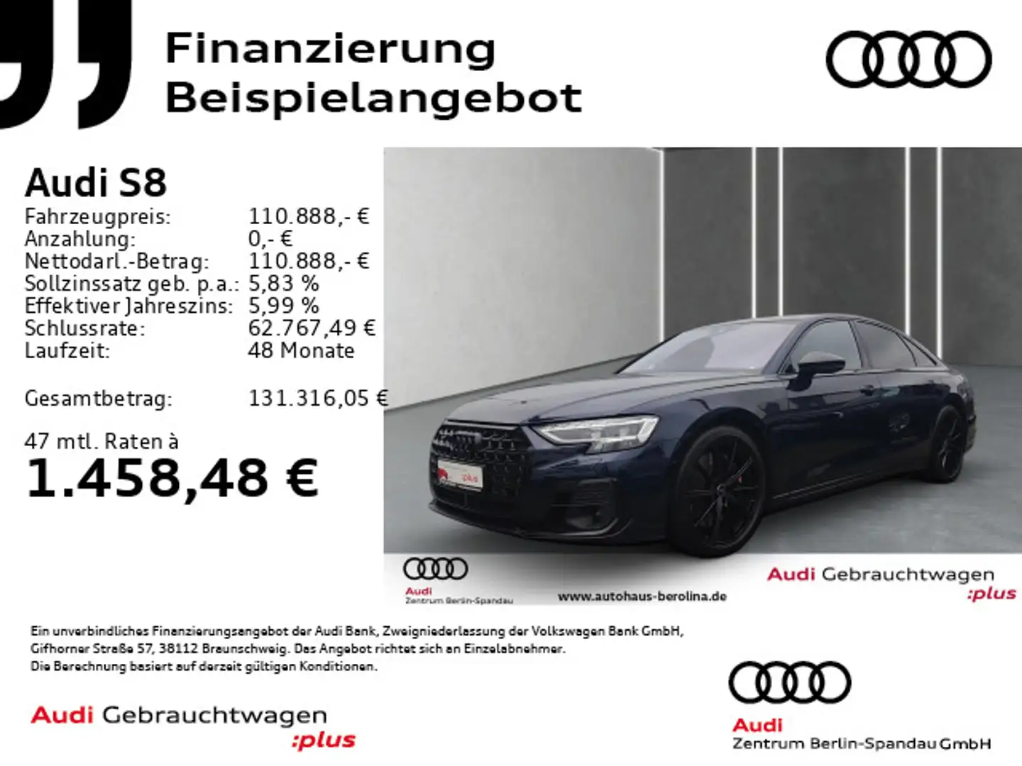 Audi S8 *PANO*StdHz*MATRIX*HuD*B&O*AHK*360°* Blau - 1