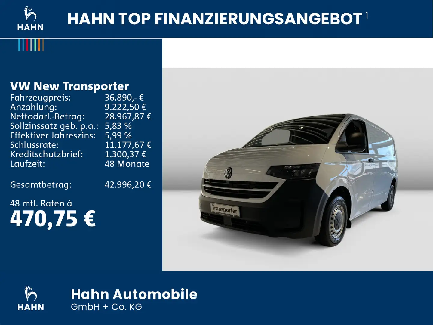 Volkswagen T7 Transporter New Transporter Kasten 2,0TDI 81KW KLIMA NAVI Weiß - 2