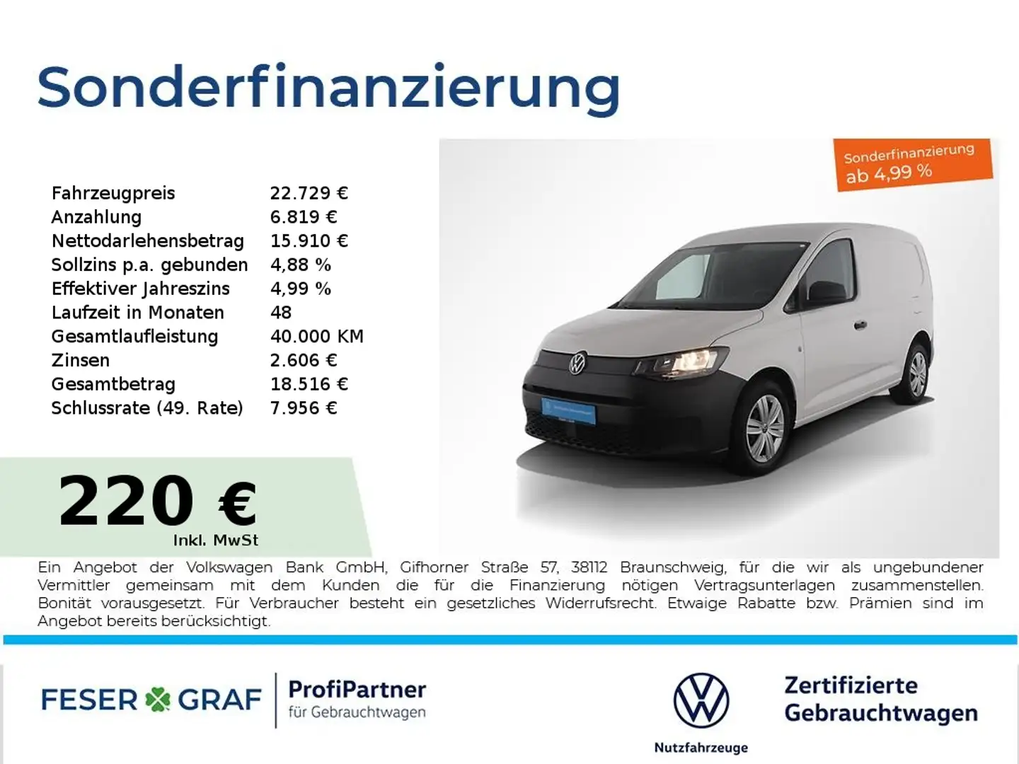 Volkswagen Caddy 2.0TDI Cargo AHK PDC Klimaanlage Heckflügeltüren Weiß - 1